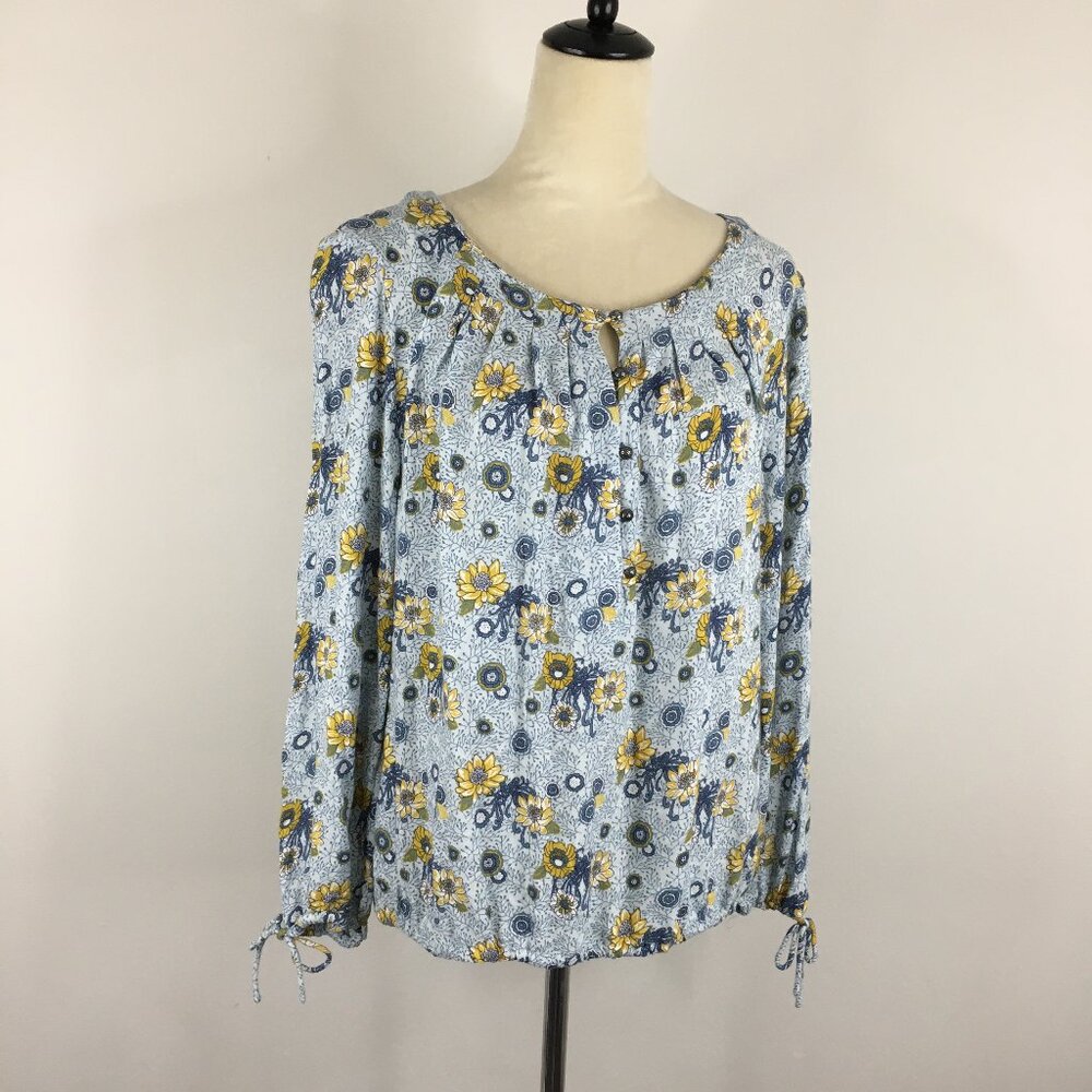 LUCKY BRAND Blue Yellow White Floral Print Tie Sleeve Some Buttons Boho Shirt